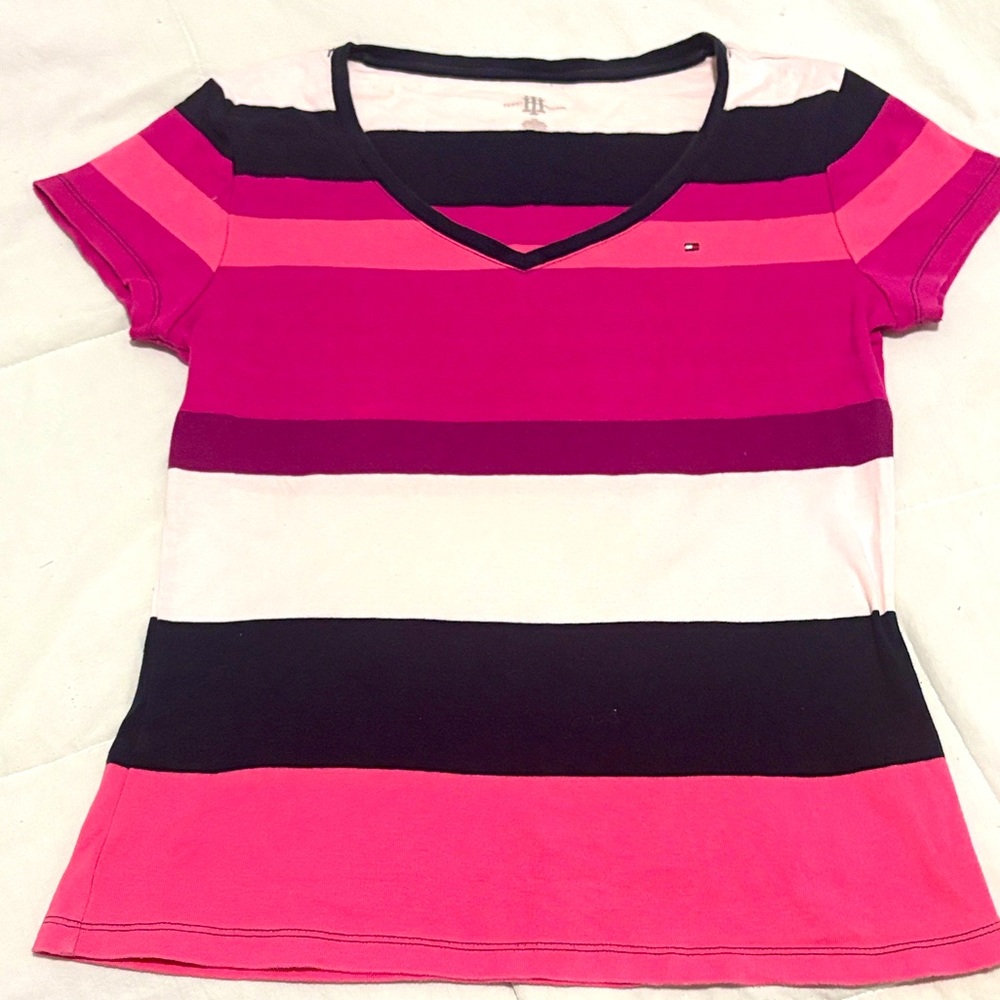Tommy Hilfiger Large Ladies Pink & Navy Blue Striped V-Neck Short Sleeve Tee